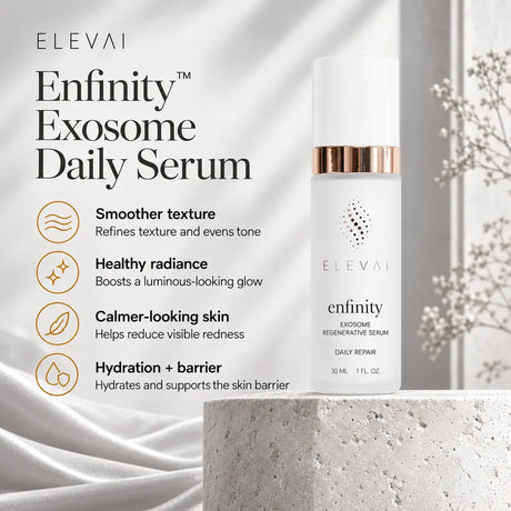 Elevai Enfinity Exosome Daily Serum benefits: smoother texture, healthy radiance, calmer-looking skin, hydration and barrier support