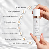 Elevai Enfinity Exosome Daily Serum key ingredients, including Cell Zero Exosomes, 8 peptides, hyaluronic acid, ceramides and vitamin C