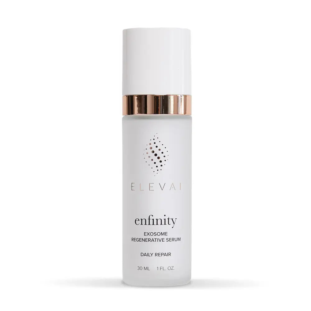 Elevai Enfinity Exosome Daily Serum 1 fl oz frosted bottle with rose gold band, front view