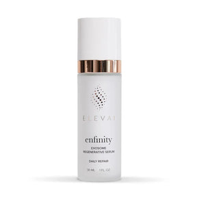 Elevai Enfinity Exosome Daily Serum 1 fl oz frosted bottle with rose gold band, front view
