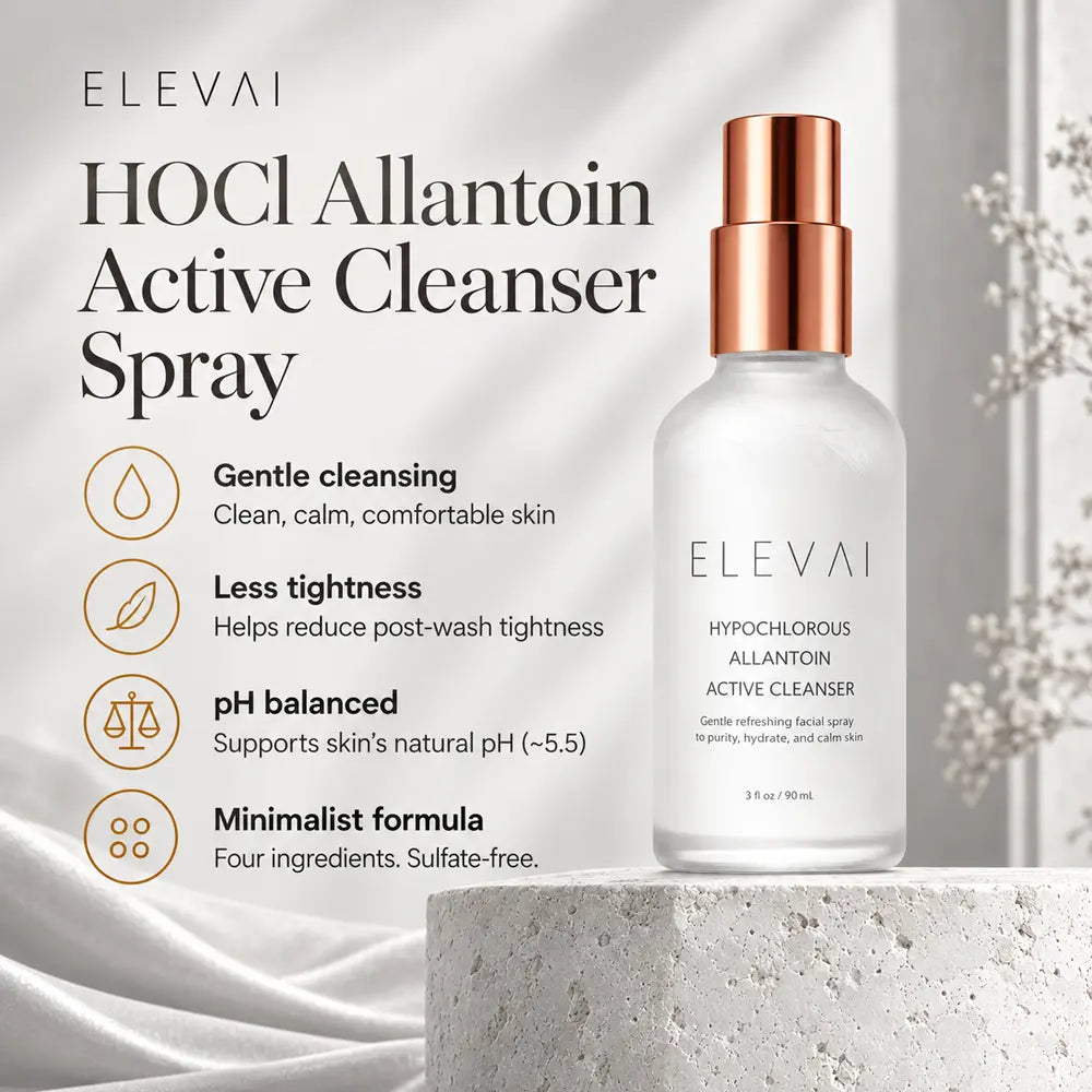 Elevai HOCl Allantoin Active Cleanser Spray benefits: gentle cleansing, less tightness, pH balanced, four-ingredient sulfate-free formula