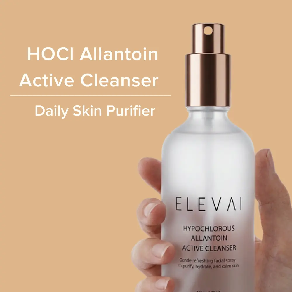Hand holding Elevai HOCl Allantoin Active Cleanser, a daily hypochlorous acid skin purifier