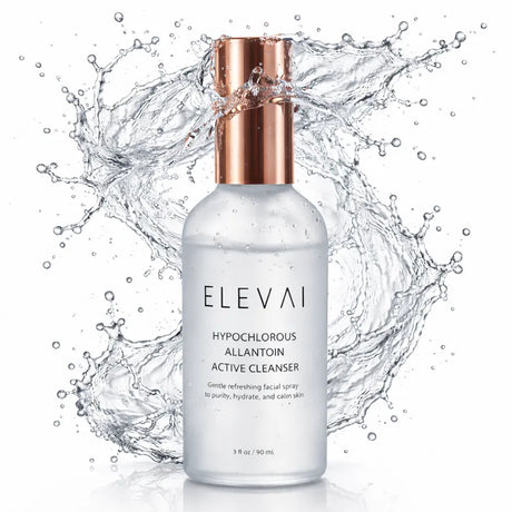 Elevai Hypochlorous Allantoin Active Cleanser bottle surrounded by a splash of water