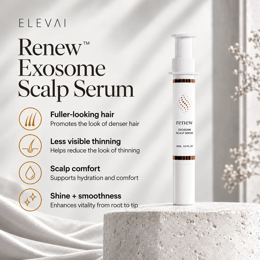 Elevai Renew Exosome Scalp Serum benefits: fuller-looking hair, less visible thinning, scalp comfort, shine and smoothness