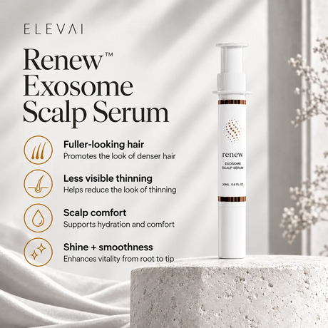 Elevai Renew Exosome Scalp Serum benefits: fuller-looking hair, less visible thinning, scalp comfort, shine and smoothness