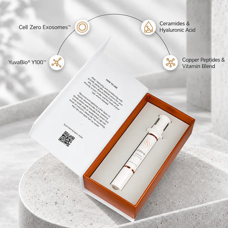 Elevai Renew Exosome Scalp Serum in its box with key ingredients: Cell Zero Exosomes, YuvaBio Y100, ceramides, copper peptides