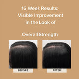Before and after 16 weeks of Elevai Renew Exosome Scalp Serum showing stronger-looking hair along the part line