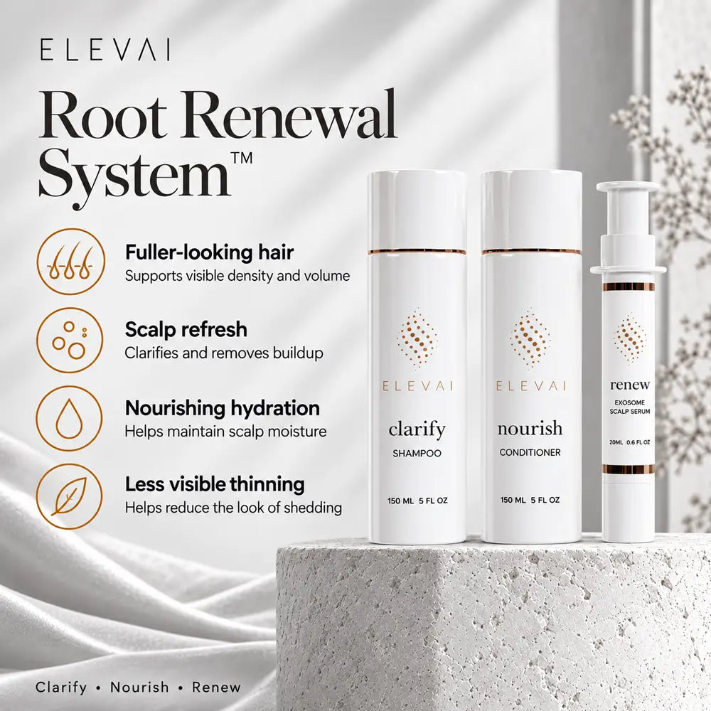 Elevai Root Renewal System 3-step routine to clarify, nourish and renew for fuller-looking hair and less visible thinning