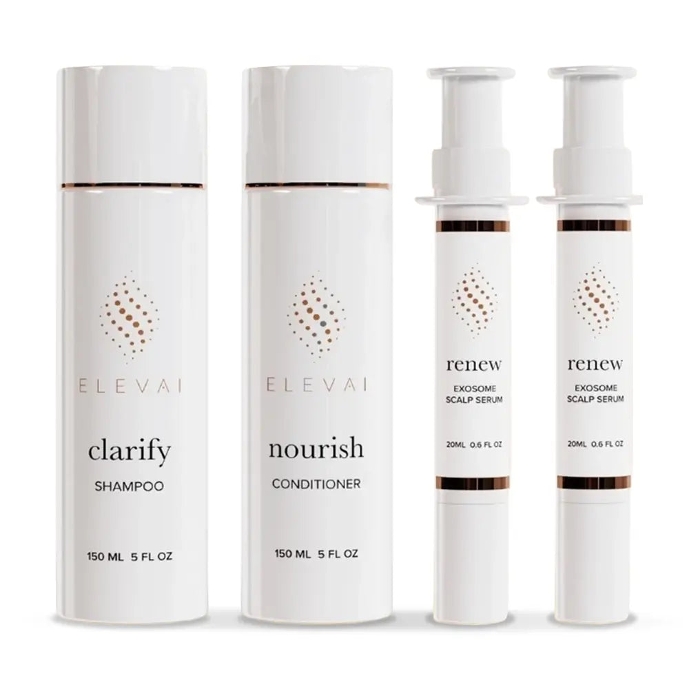 Elevai Root Renewal System exosome kit for hair loss: Clarify Shampoo, Nourish Conditioner and two Renew Exosome Scalp Serums