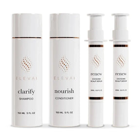 Elevai Root Renewal System exosome kit for hair loss: Clarify Shampoo, Nourish Conditioner and two Renew Exosome Scalp Serums