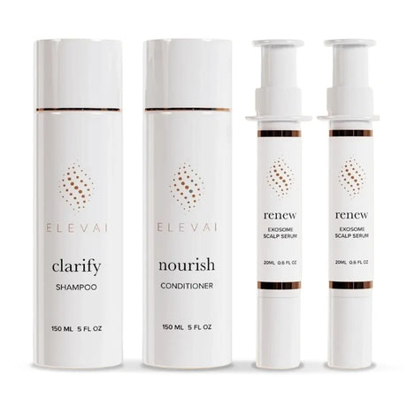 Elevai Root Renewal System exosome kit for hair loss: Clarify Shampoo, Nourish Conditioner and two Renew Exosome Scalp Serums