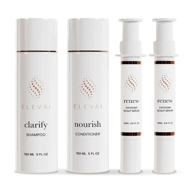Elevai Root Renewal System exosome kit for hair loss: Clarify Shampoo, Nourish Conditioner and two Renew Exosome Scalp Serums