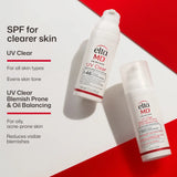 Two white bottles of Elta MD UV Clear Skincare SPF 46 and SPF 50 sunscreens on a white and red background with product feature text on the left.