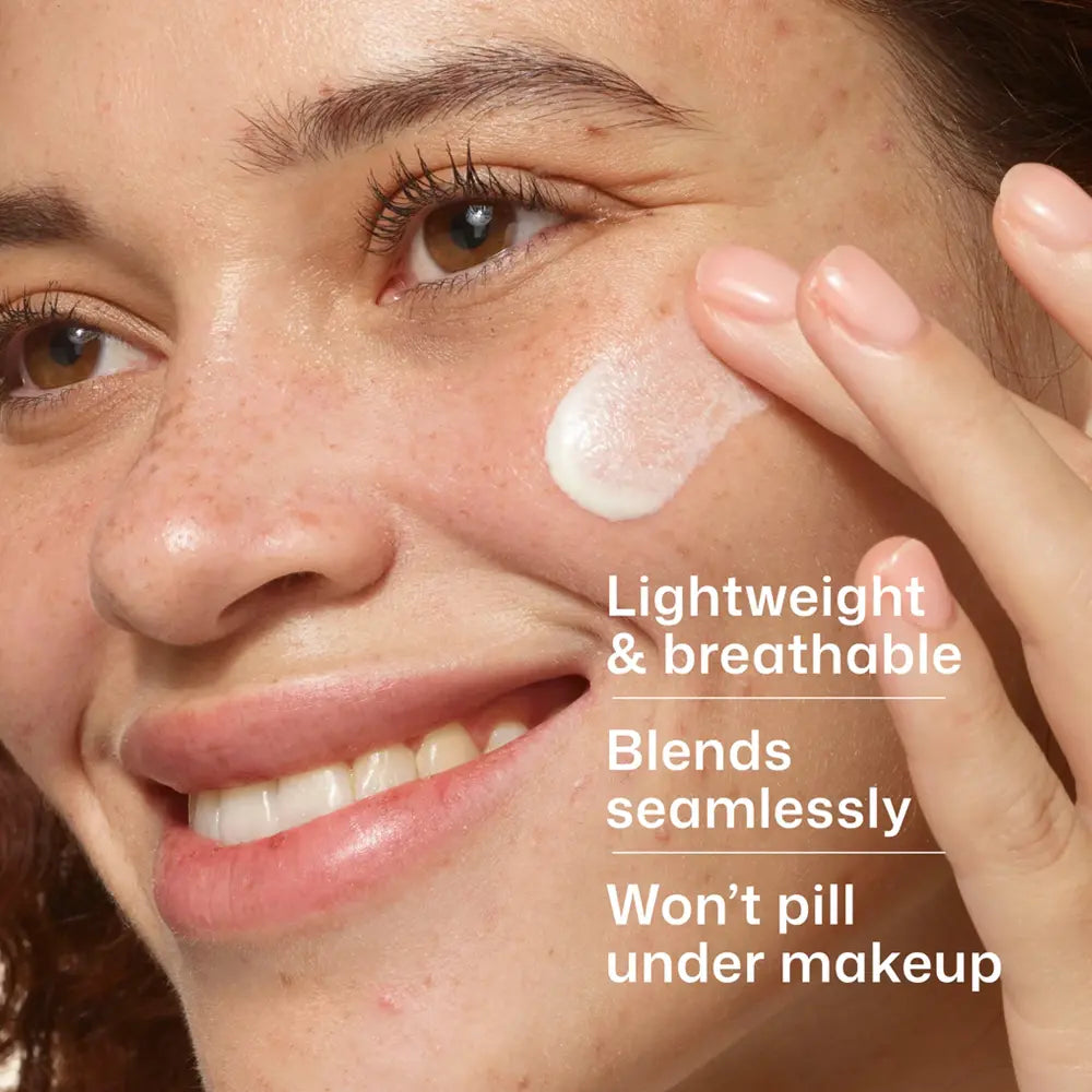 Close-up of a woman applying EltaMD UV Clear Blemish-Prone and Oil Balancing SPF 50 to her cheek, with text overlays reading 'Lightweight & breathable', 'Blends seamlessly', and 'Won't pill under makeup'.