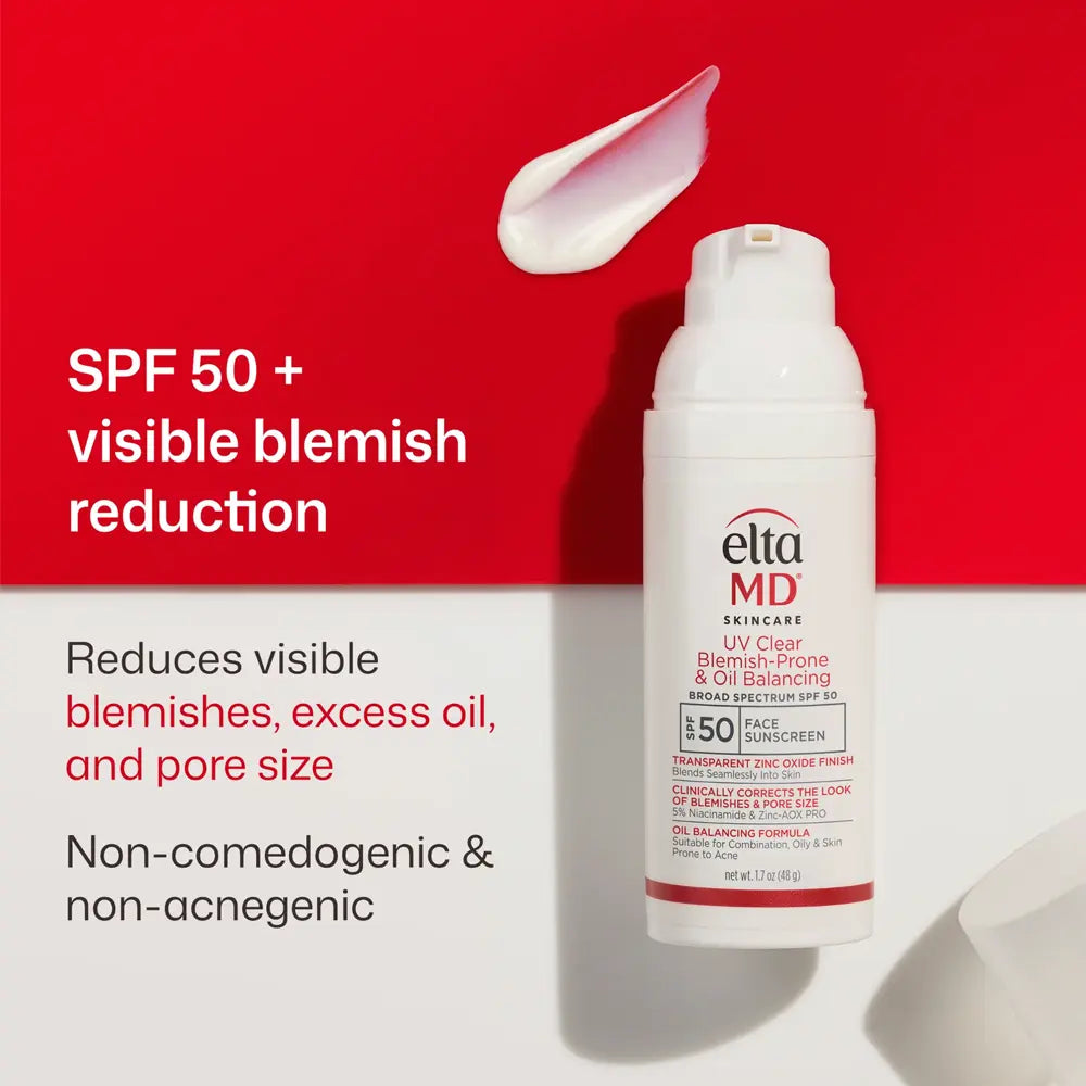 EltaMD Skincare SPF 50+ sunscreen pump bottle on a split red and white background with text highlighting visible blemish reduction and non-comedogenic properties.
