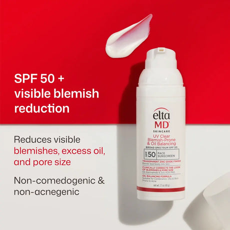EltaMD Skincare SPF 50+ sunscreen pump bottle on a split red and white background with text highlighting visible blemish reduction and non-comedogenic properties.