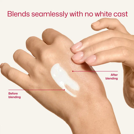 Hand applying EltaMD UV Clear Blemish-Prone and Oil Balancing SPF 50 to another hand with text indicating 'Blends seamlessly with no white cast'.
