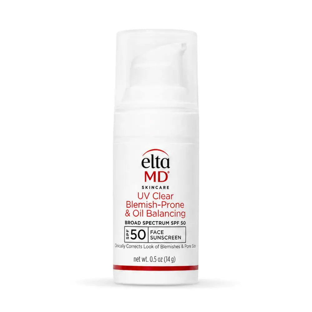 EltaMD Skincare UV Clear Blemish-Prone & Oil Balancing Broad Spectrum SPF 50 Face Sunscreen in a white pump bottle with red and black text, on a white background.