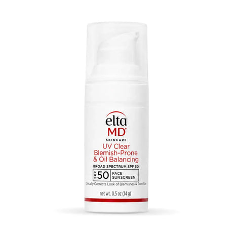 EltaMD Skincare UV Clear Blemish-Prone & Oil Balancing Broad Spectrum SPF 50 Face Sunscreen in a white pump bottle with red and black text, on a white background.