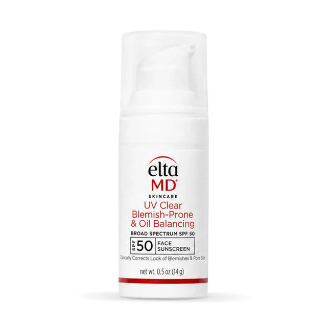 EltaMD Skincare UV Clear Blemish-Prone & Oil Balancing Broad Spectrum SPF 50 Face Sunscreen in a white pump bottle with red and black text, on a white background.