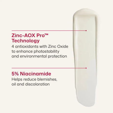 A texture of EltaMD UV Clear Blemish-Prone and Oil Balancing SPF 50 n on a light beige background with text callouts reading 'Zinc-AOX Pro™ Technology' and '5% Niacinamide'.