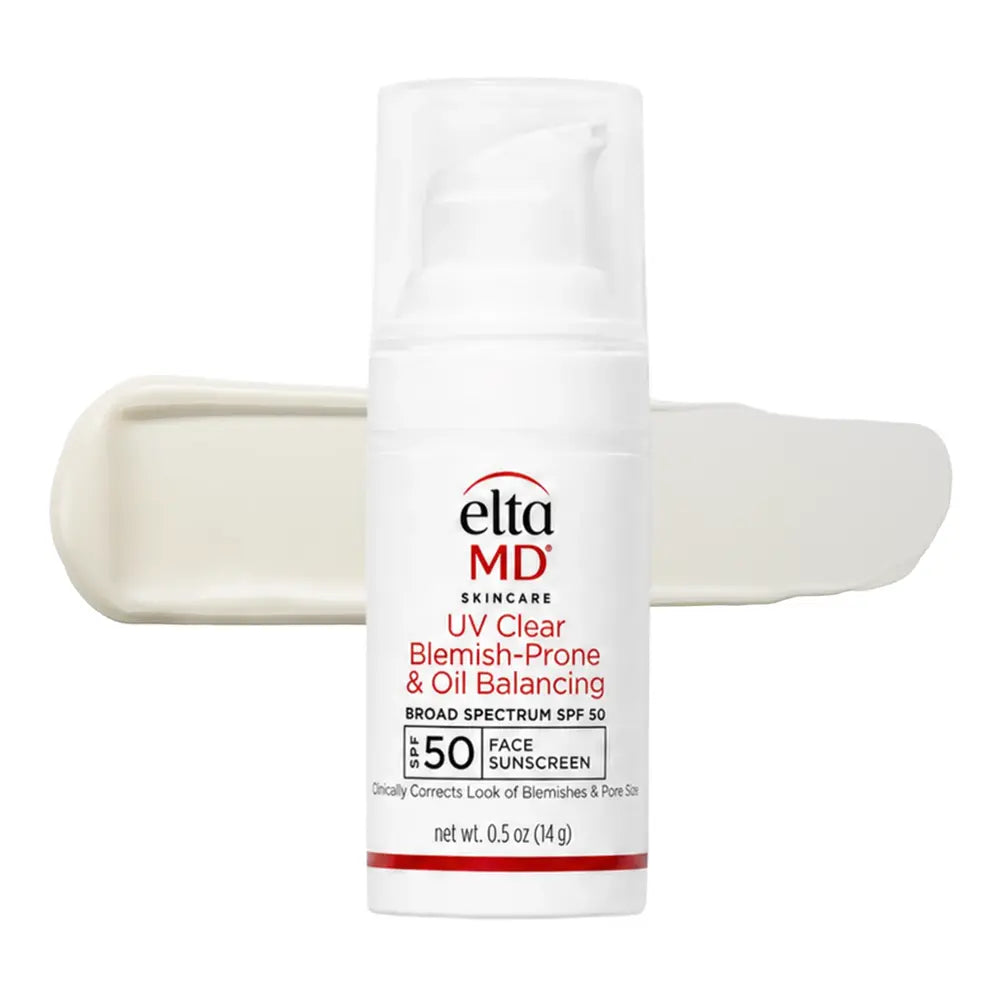 Elta MD Skincare UV Clear Blemish-Prone & Oil Balancing Broad Spectrum SPF 50 Face Sunscreen in a white pump bottle, shown with a cream-colored product smear behind it on a white background.