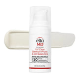 Elta MD Skincare UV Clear Blemish-Prone & Oil Balancing Broad Spectrum SPF 50 Face Sunscreen in a white pump bottle, shown with a cream-colored product smear behind it on a white background.
