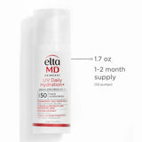 Elta MD Skincare UV Daily Hydration+ Broad Spectrum SPF 50 face sunscreen in a 1.7 oz white pump bottle, shown on a white background with a text callout indicating a 1-2 month supply of 55 pumps.