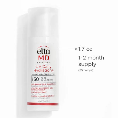 Elta MD Skincare UV Daily Hydration+ Broad Spectrum SPF 50 face sunscreen in a 1.7 oz white pump bottle, shown on a white background with a text callout indicating a 1-2 month supply of 55 pumps.