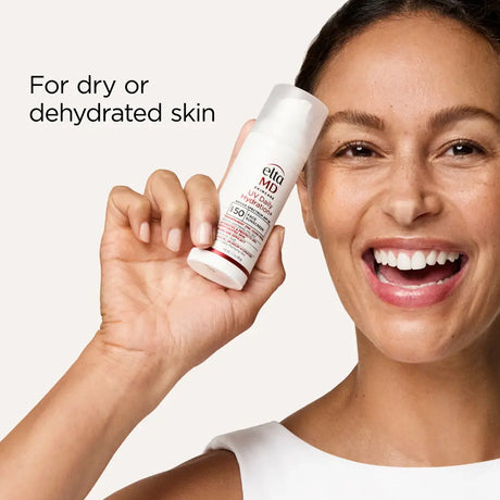 A smiling woman holds up a white tube of ella MD Hydration Defense SPF 30 moisturizer against a light beige background, with the text 'For dry or dehydrated skin' on the left.