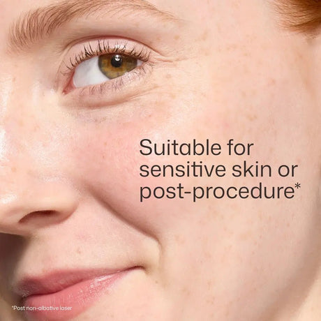 Close-up of a person's eye with text indicating suitability for sensitive skin or post-procedure.