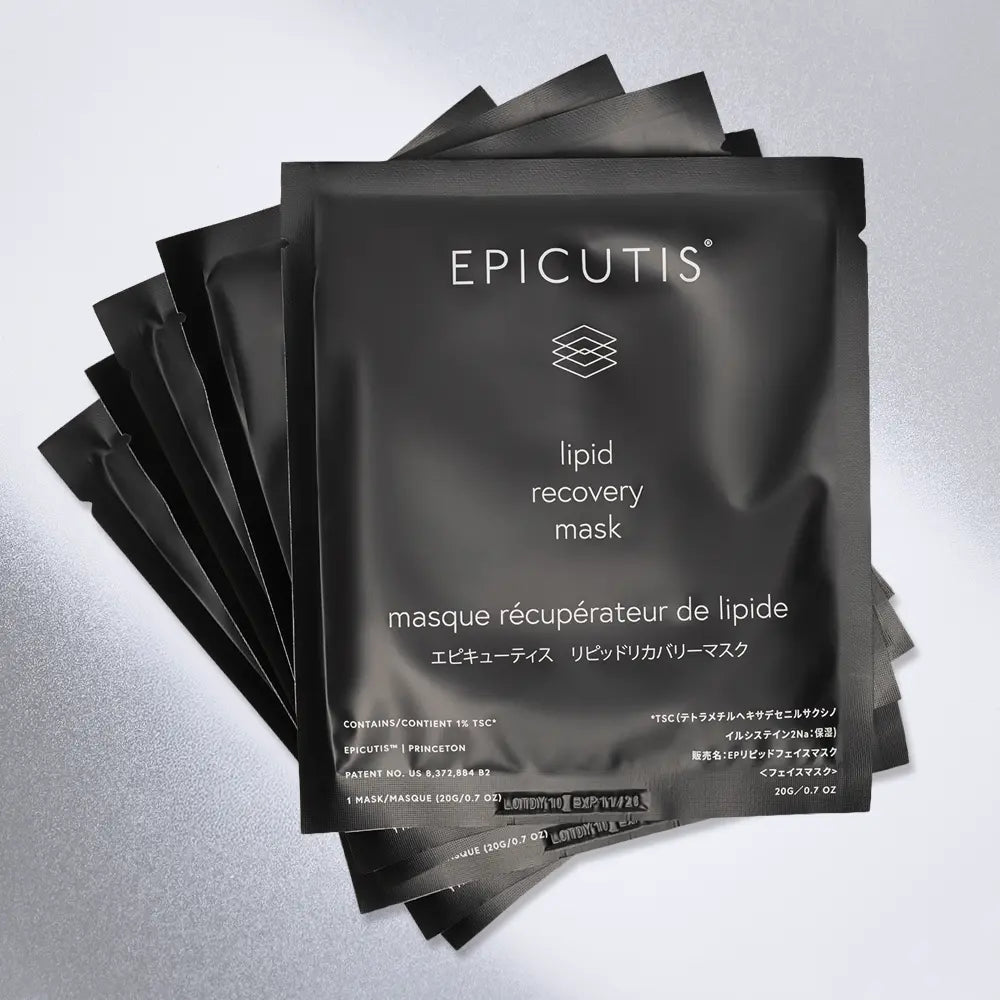 Epicutis lipid recovery mask for face packaging on a light gray background
