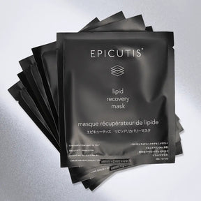 Epicutis lipid recovery mask for face packaging on a light gray background