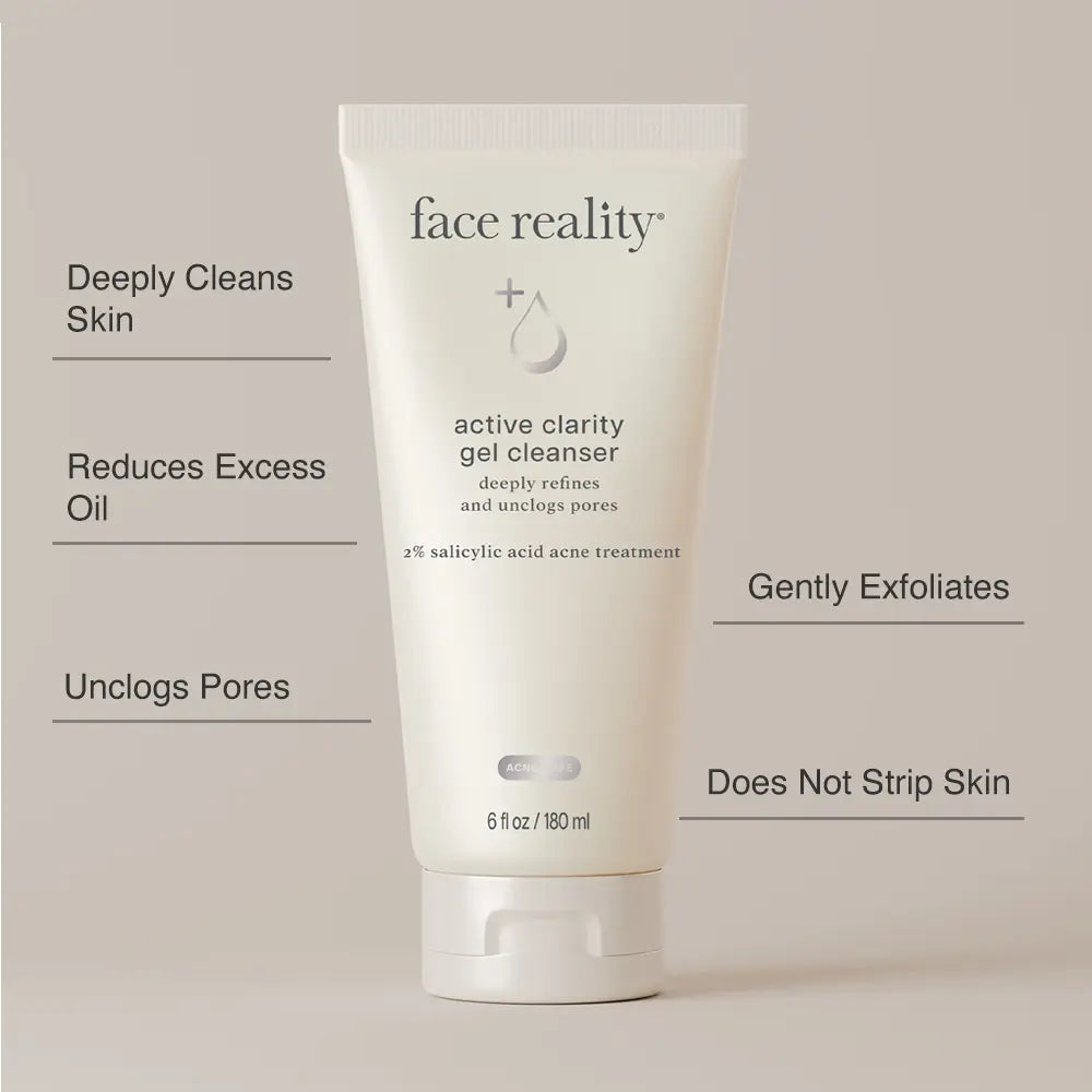 Face Reality Active Clarity Gel Cleanser benefits: deeply cleans skin, reduces excess oil, unclogs pores, gently exfoliates, does not strip skin
