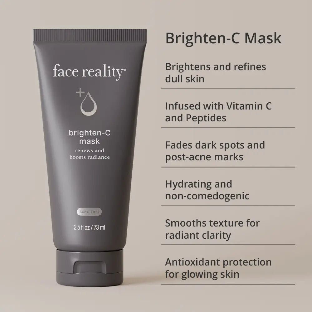 face reality brighten-C mask tube with product description on a beige background