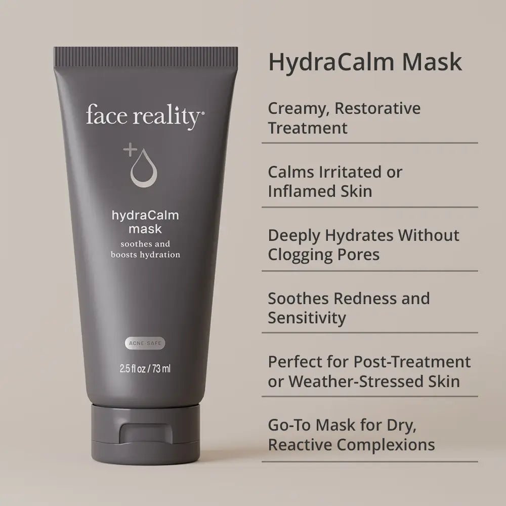 Tube of face reality HydraCalm Mask with product description on a beige background