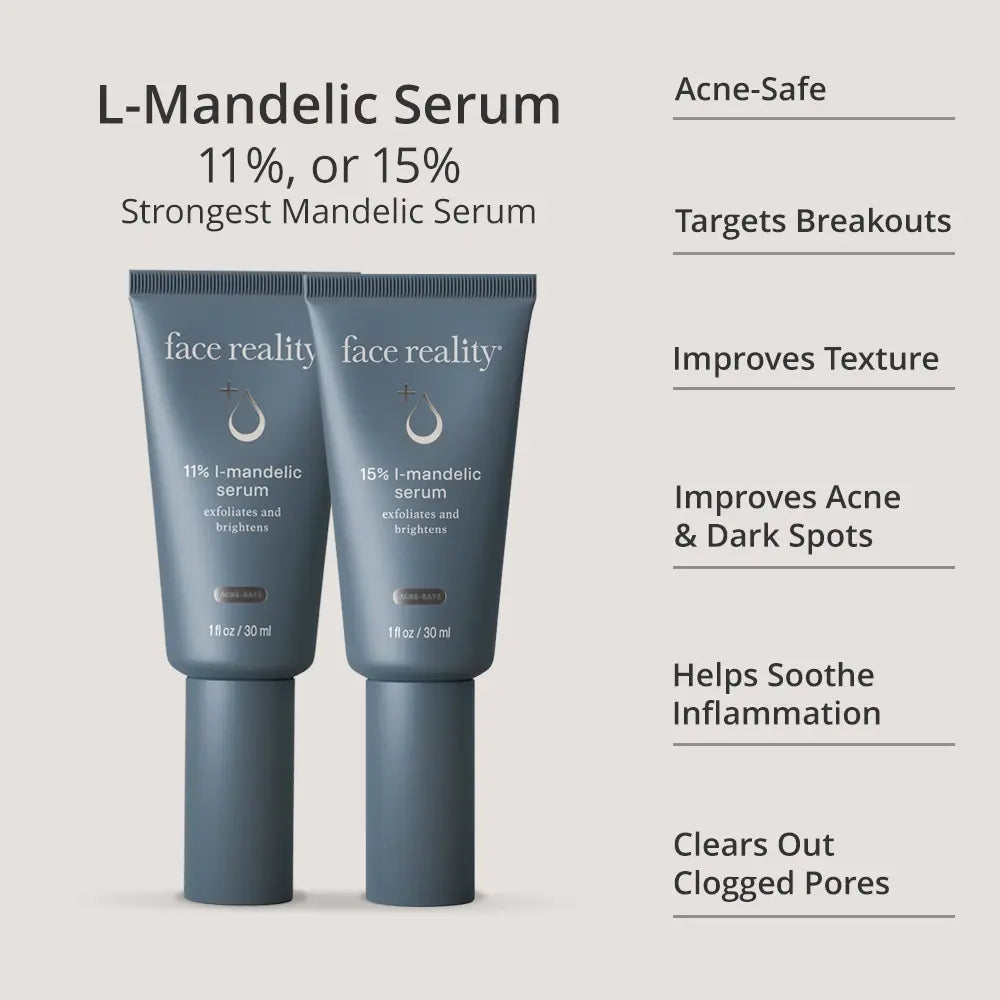 Two Face Reality L-Mandelic Serum tubes in a dark slate blue-gray color, displayed side-by-side on a light gray background with text detailing the product's benefits.