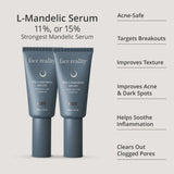 Two Face Reality L-Mandelic Serum tubes in a dark slate blue-gray color, displayed side-by-side on a light gray background with text detailing the product's benefits.