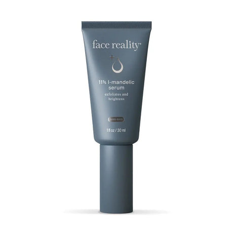 Tube of 'face reality' 11% l-mandelic serum on a white background
