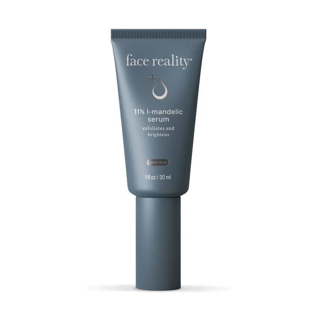 Tube of 'face reality' 11% l-mandelic serum on a white background