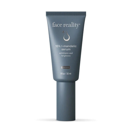 Tube of face reality 15% l-mandelic serum on a white background