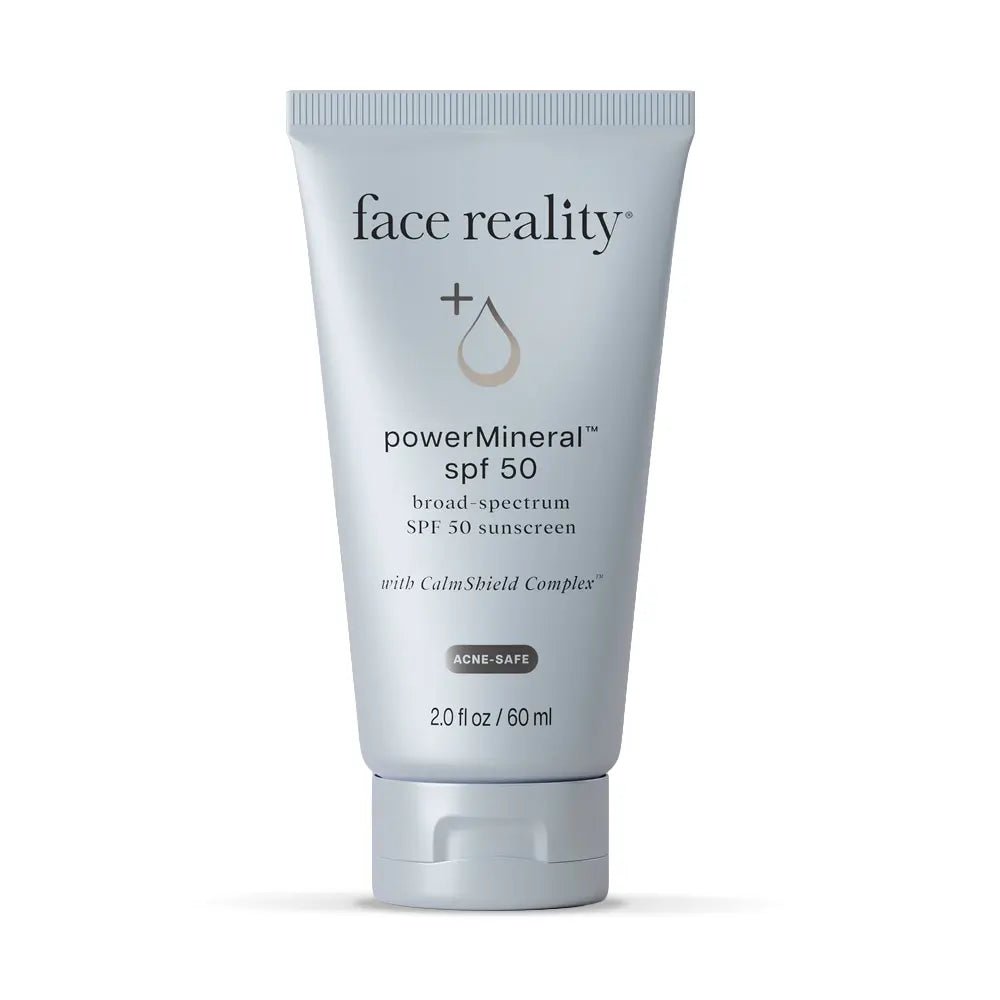 Tube of face reality powerMineral SPF 50 sunscreen on a white background