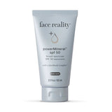 Tube of face reality powerMineral SPF 50 sunscreen on a white background