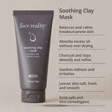 Tube of 'face reality' soothing clay mask with product details on a beige background