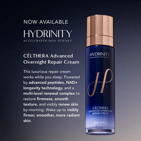 Hydrinity Célthera Advanced Overnight Repair Cream features and benedits to restore fimness, smooth texture, and renew skin