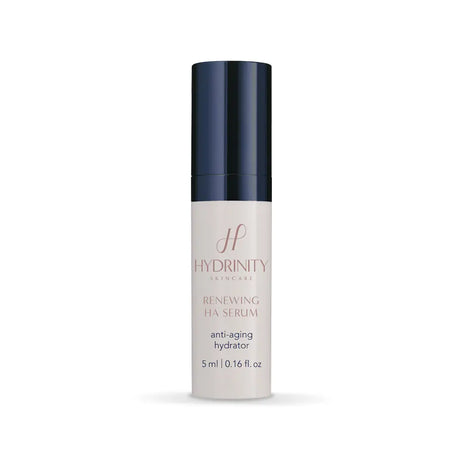 Experience size bottle of Hydrinity Renewing HA Serum with a dark blue cap