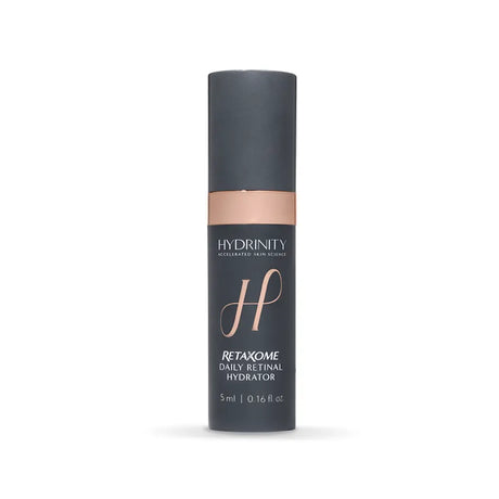 Experience size bottle of Hydrinity RetaXome Daily Retinal Hydrator with a dark grey cap