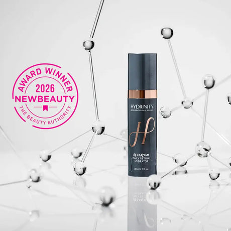 Hydrinity Retaxome serum bottle with '2026 New Beauty' award on a molecular structure background