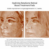 Before-and-after skin treatment results graphic for Hydrinity RetaXome Retinal Boost Treatment Pads, showing a woman's face with hyperpigmentation improvement over 12 weeks, with text detailing the clinical evaluation.