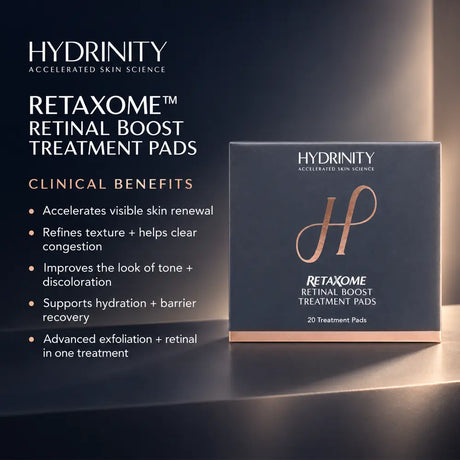 Hydrinity Retaxome Retinal Boost Treatment Pads clinical benefits that help clear congestion, accelerate visible renewal, improve the look of tone and discoloration, and help the skin barrier.